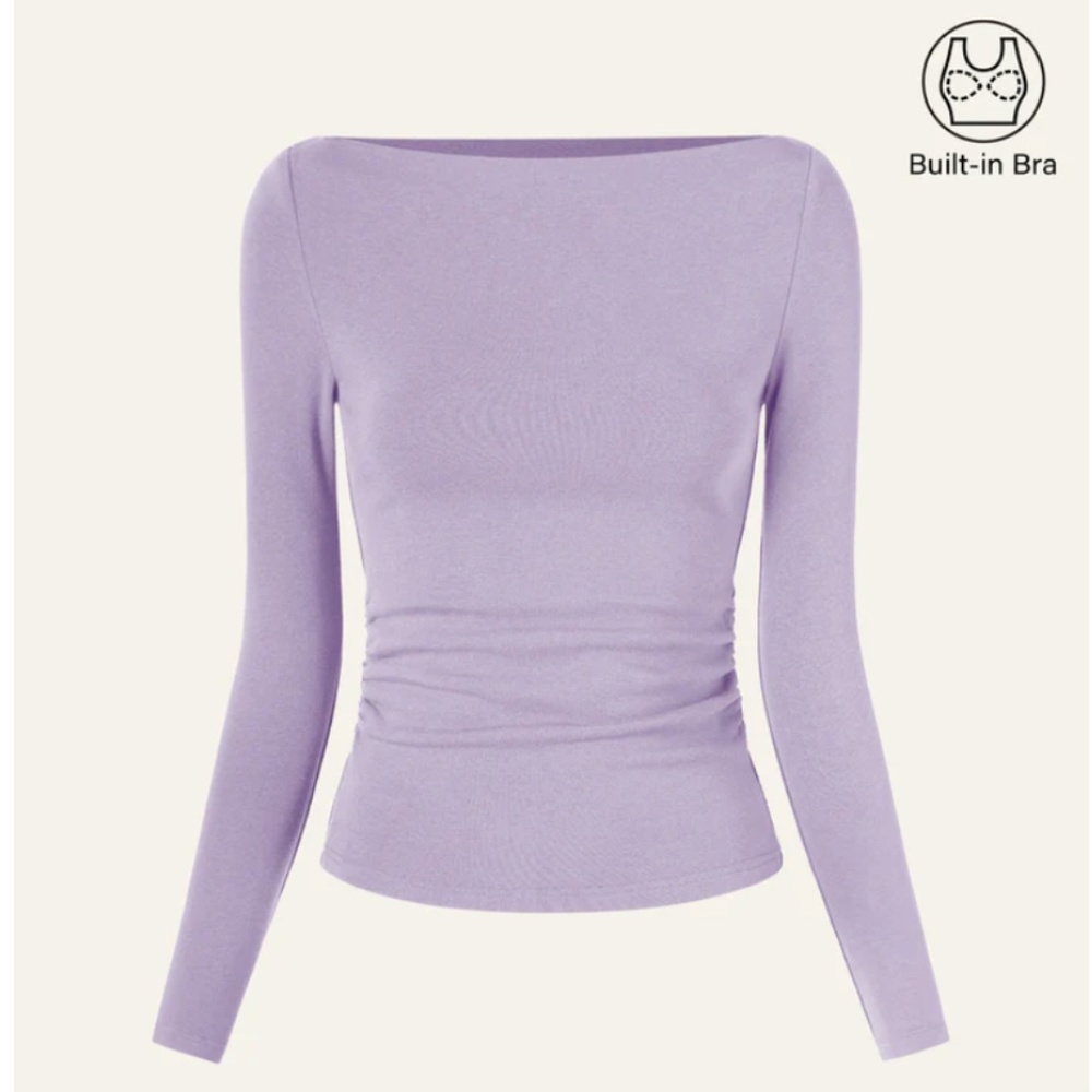 NWT $55 OGL Modern Side Ruched Boatneck Brami Top Lilac Mist Light Purple Sz XS